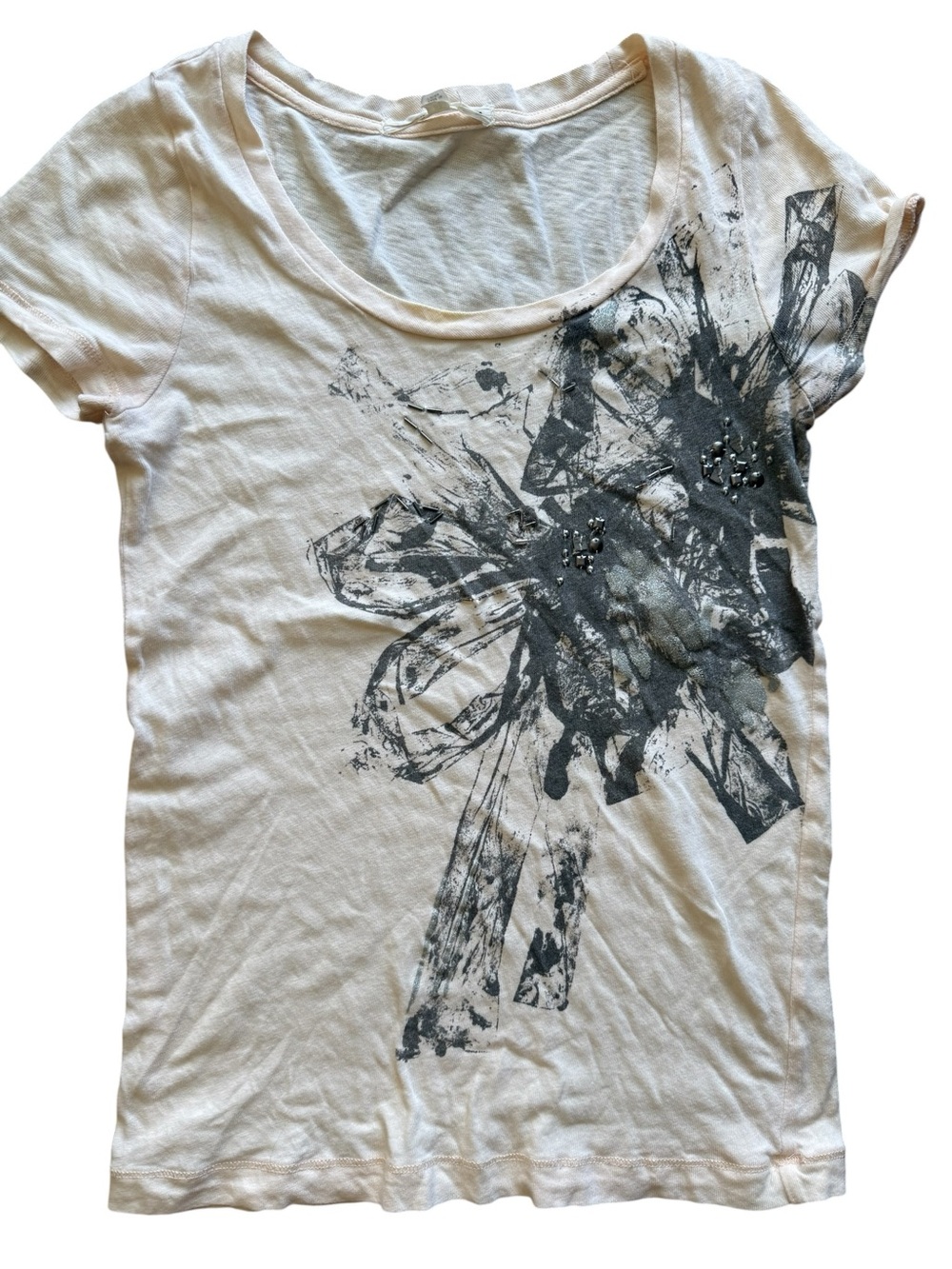 J.Crew Floral Graphic Tee Women's S Yellow Beaded Embellished Cotton Top Artsy